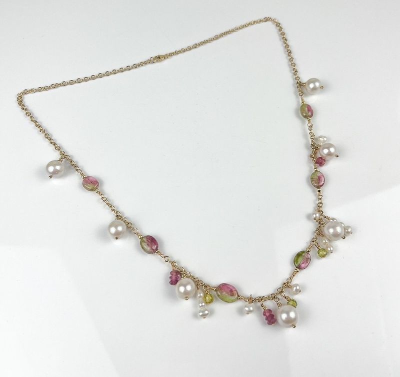 White Freshwater Pearl with Brazilian Tourmaline 14K Gold Filled