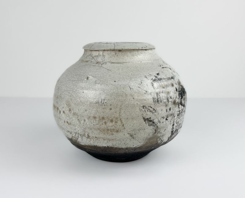 White Raku Pottery Vase 7x6"
