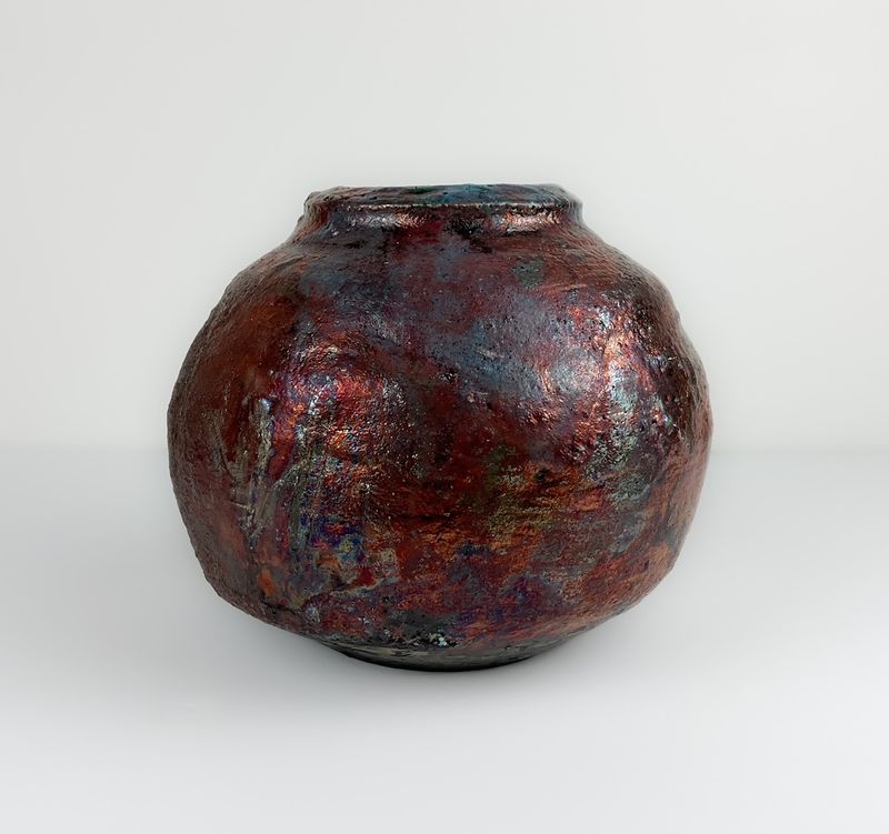Large 7" Raku Pottery Vase 8" Wide