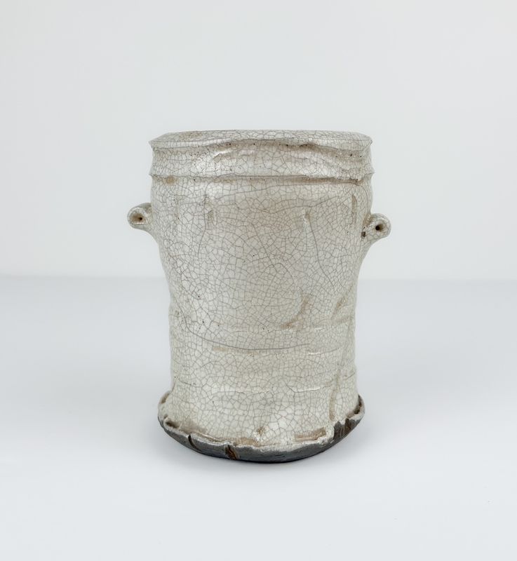 Tall White Raku Pottery Vase 5x4"