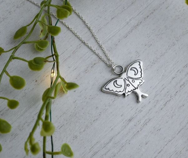 Silver Luna Moth Pendant 18-20"