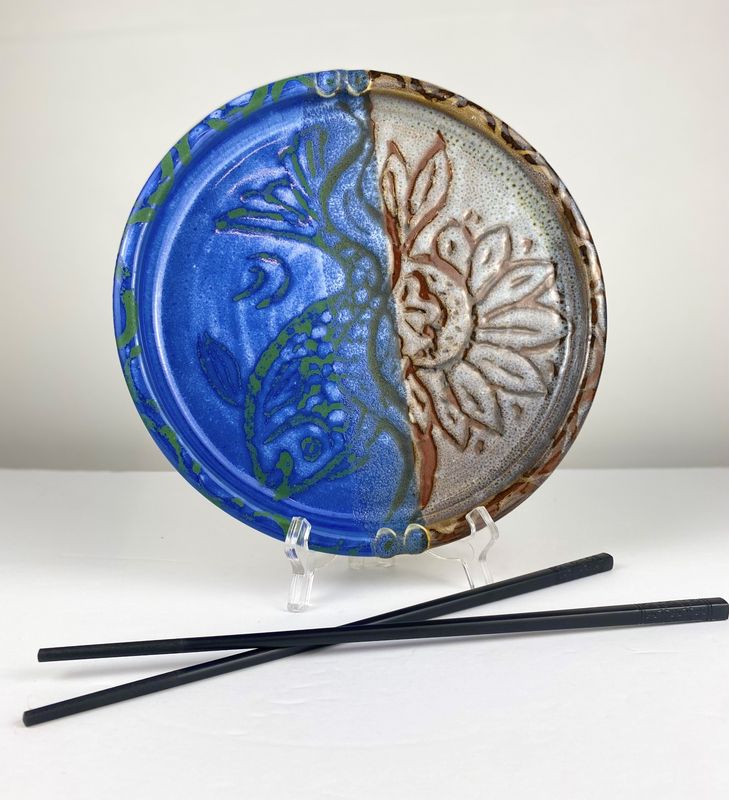 Sushi Plate Flo Blue + Partridge Glaze with Chopsticks
