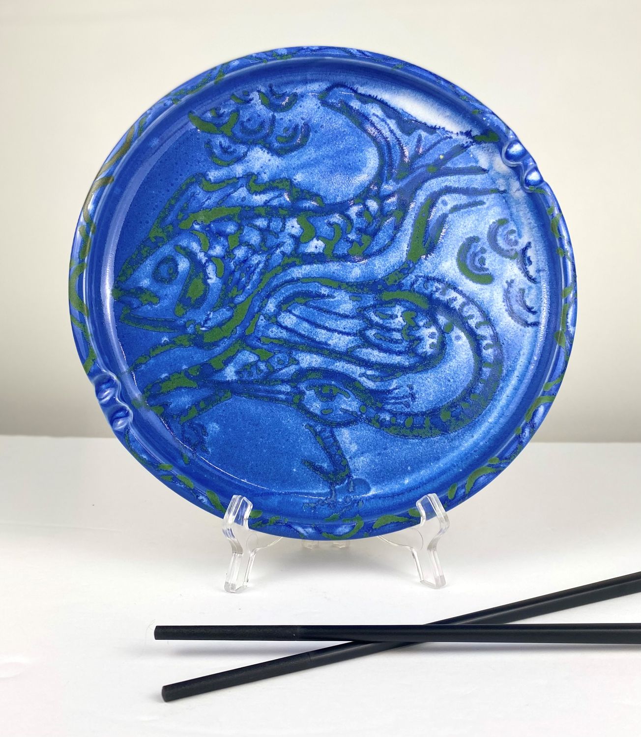 Sushi Plate Flo Blue Glaze with Chopsticks
