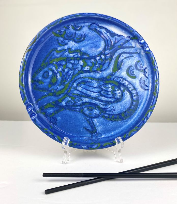 Sushi Plate Flo Blue Glaze with Chopsticks