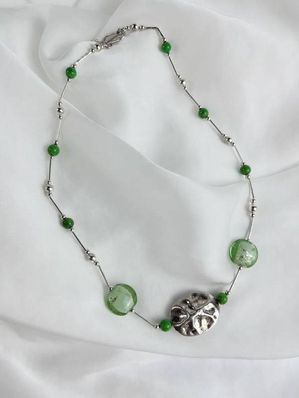 Hammered Bead, Green Glass & Turquoise Pendant SS