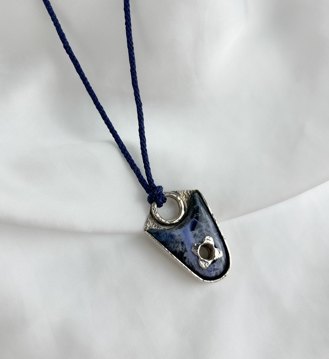 Sodalite Pendant on Blue Silk Cord
