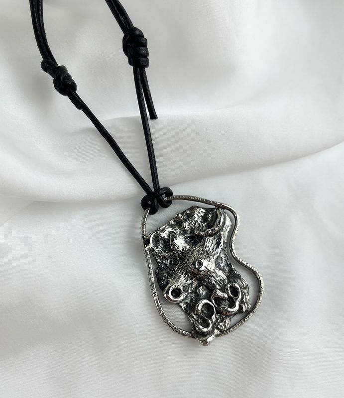 Fused Irregular Pendant Oxidized SS on Leather Cord