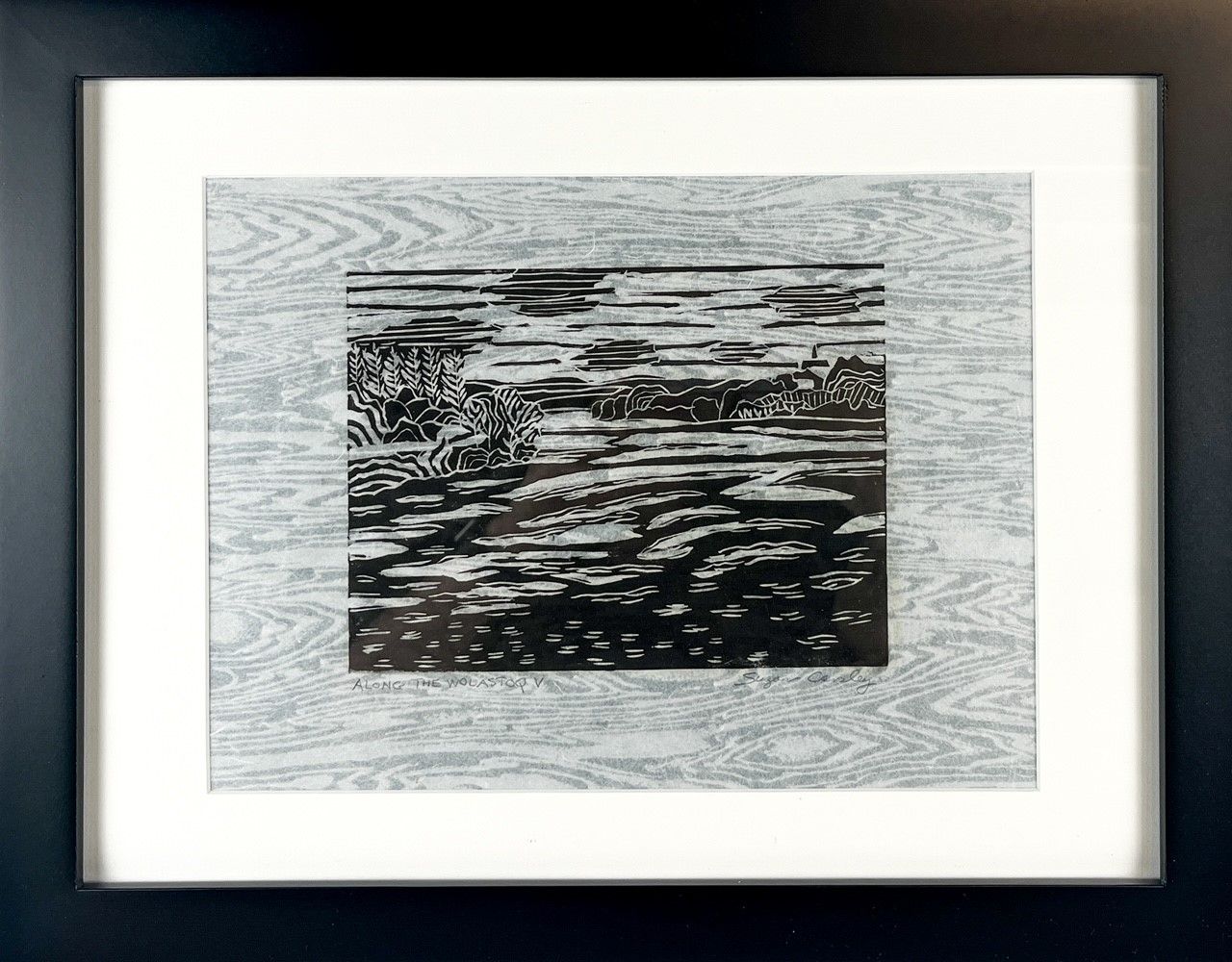 &quot;Along the Wolastoq V&quot; Black &amp; White Linocut on Japanese Paper Framed 18x14&quot;