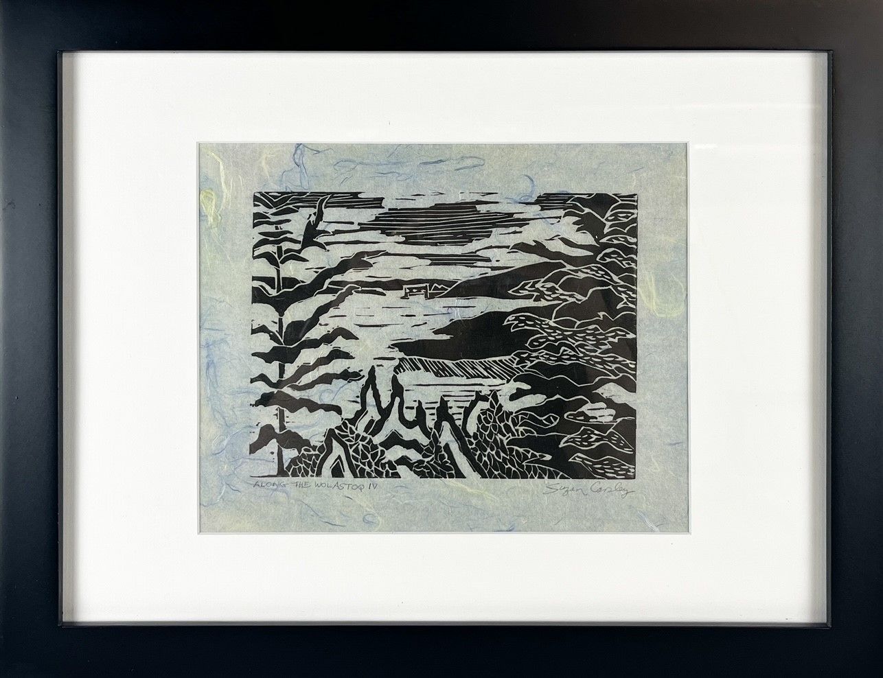 &quot;Along the Wolastoq IV&quot; Black &amp; White Linocut on Japanese Paper Framed 18x14&quot;