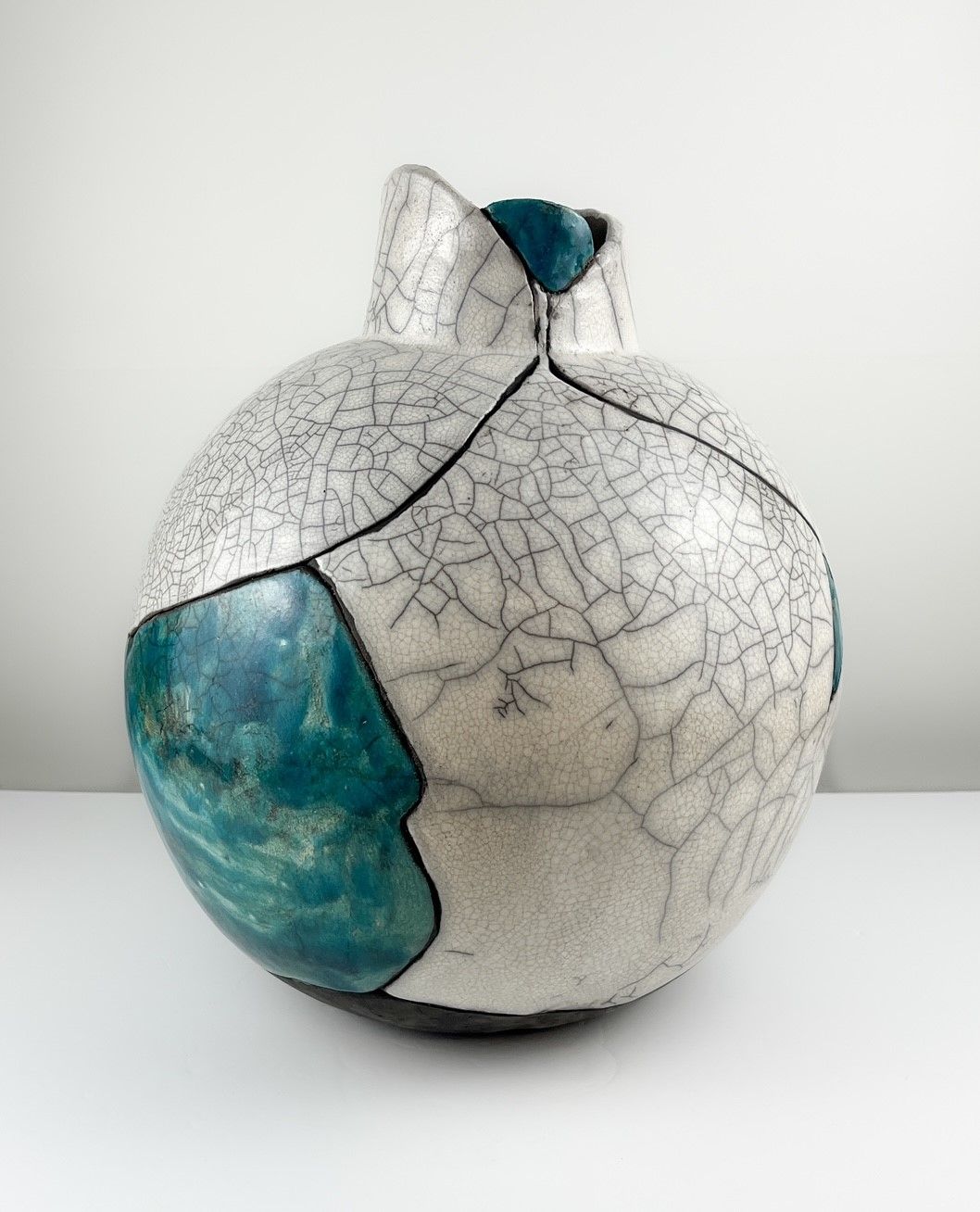XL Raku Vase White Crackle + Turquoise