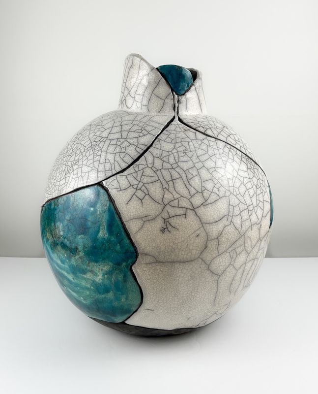 XL Raku Vase White Crackle + Turquoise
