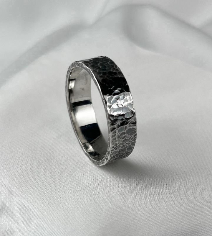 Wide Hammered Oxidized Sterling Silver 7mm Size 14