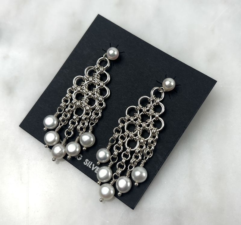 Pearl Sterling Silver Chain Drop Earrings