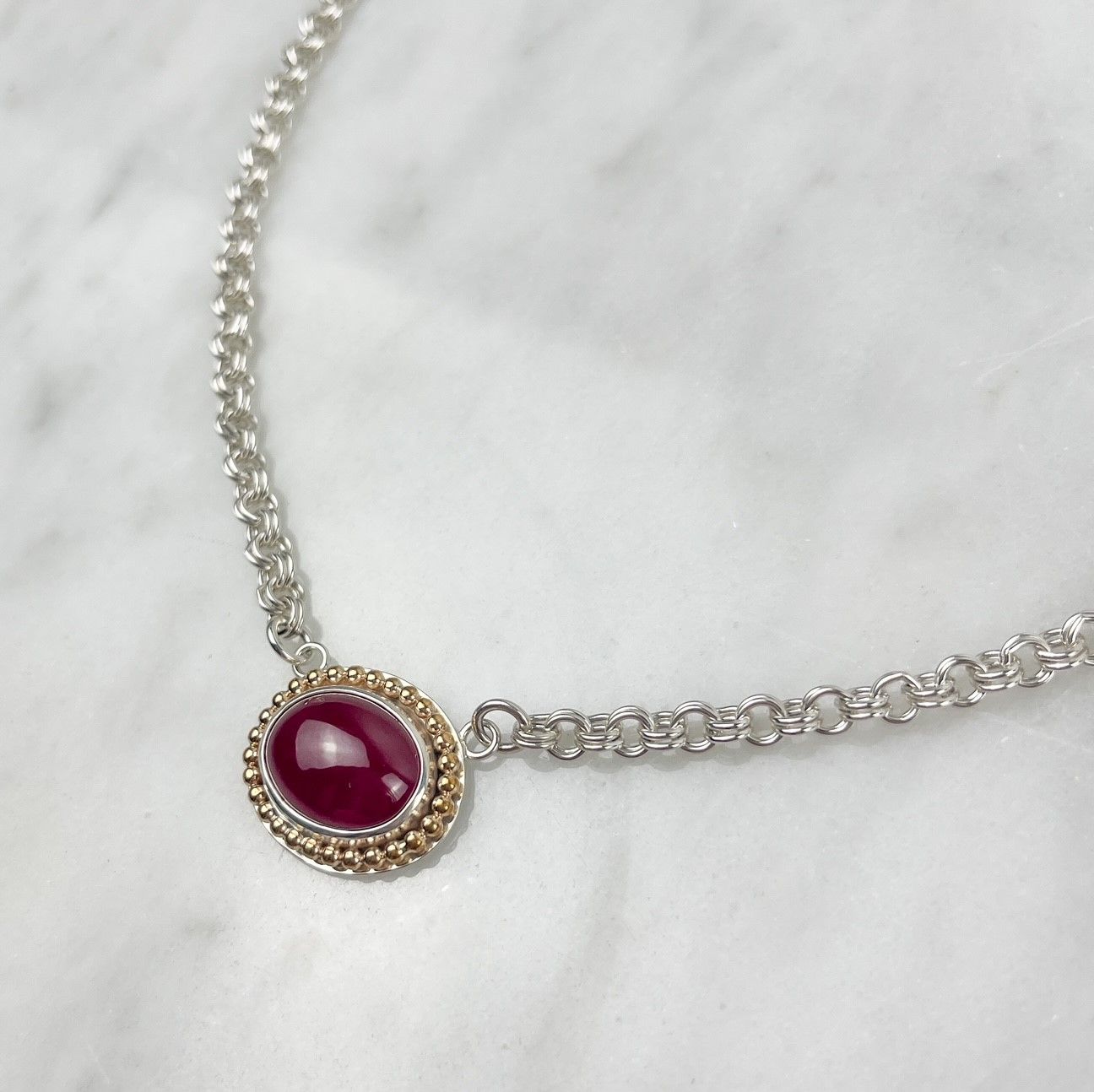Ruby Cabochon 14K Gold Filled Pendant 16&quot;
