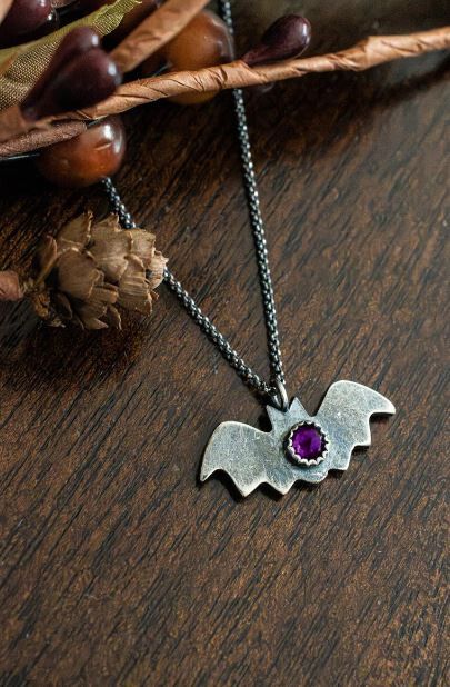 Semi-Oxidized Silver Bat with Amethyst Stone 16-18" Chain
