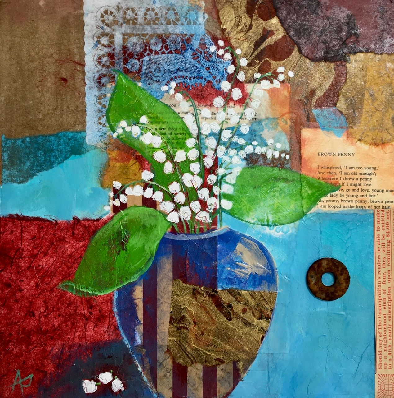 "Penny for your thoughts" Lily of the Valley 12x12" Mixed Media on Gallery Wrapped Canvas