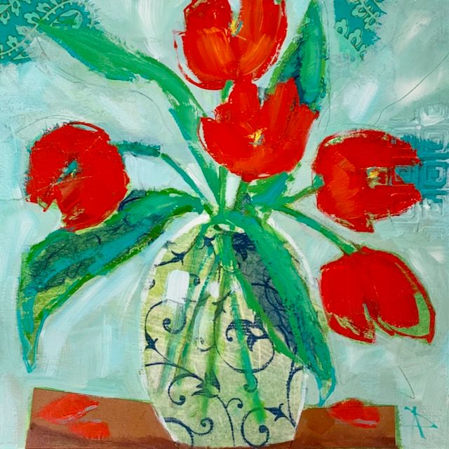 &quot;Red for True Love&quot;(Tulips) 12x12&quot; Mixed Media Framed