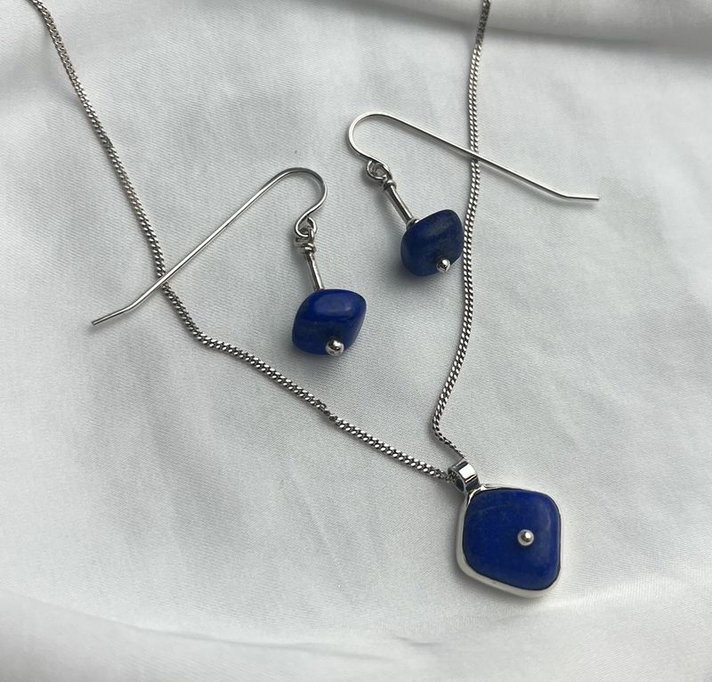 Set: Lapis Squares Pendant + Drop Earrings
