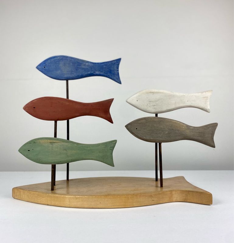 Fish School on Maple Base Wood Sculpture