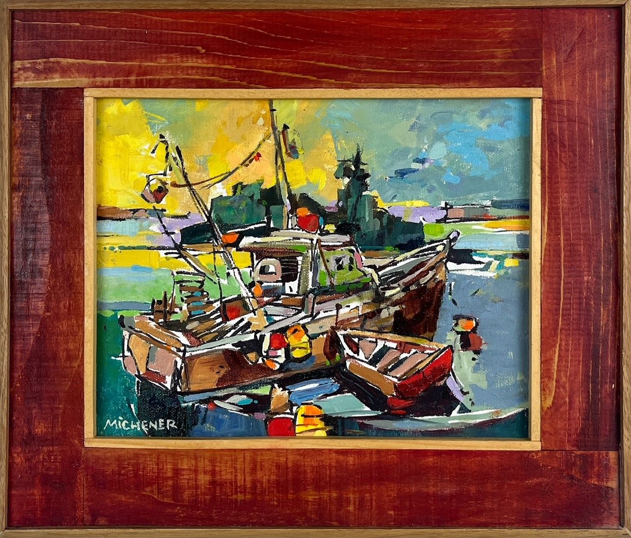 Ted Michener Saint John New Brunswick Canada Handworks Canadian Painting, Oil, &quot;Offshore Dockage&quot; Seascape Boat Framed