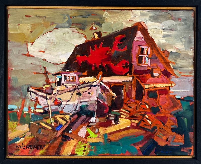 Ted Michener Saint John New Brunswick Canada Handworks Canadian Painting, Oil, &quot;Maritime Fish Market&quot;  Boat Framed