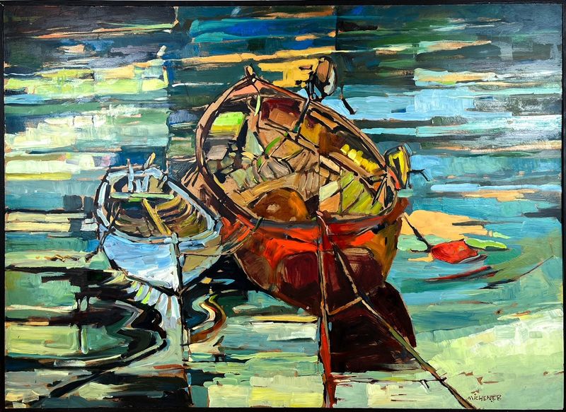 Ted Michener Saint John New Brunswick Canada Handworks Canadian Painting, Oil, &quot;Sunset Tie Up&quot; Seascape Boat