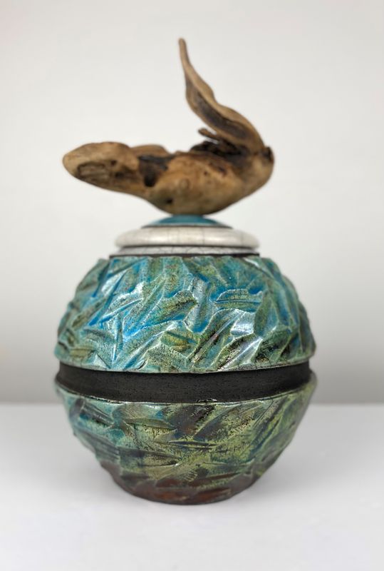 Turquoise Raku Urn with Driftwood Top
