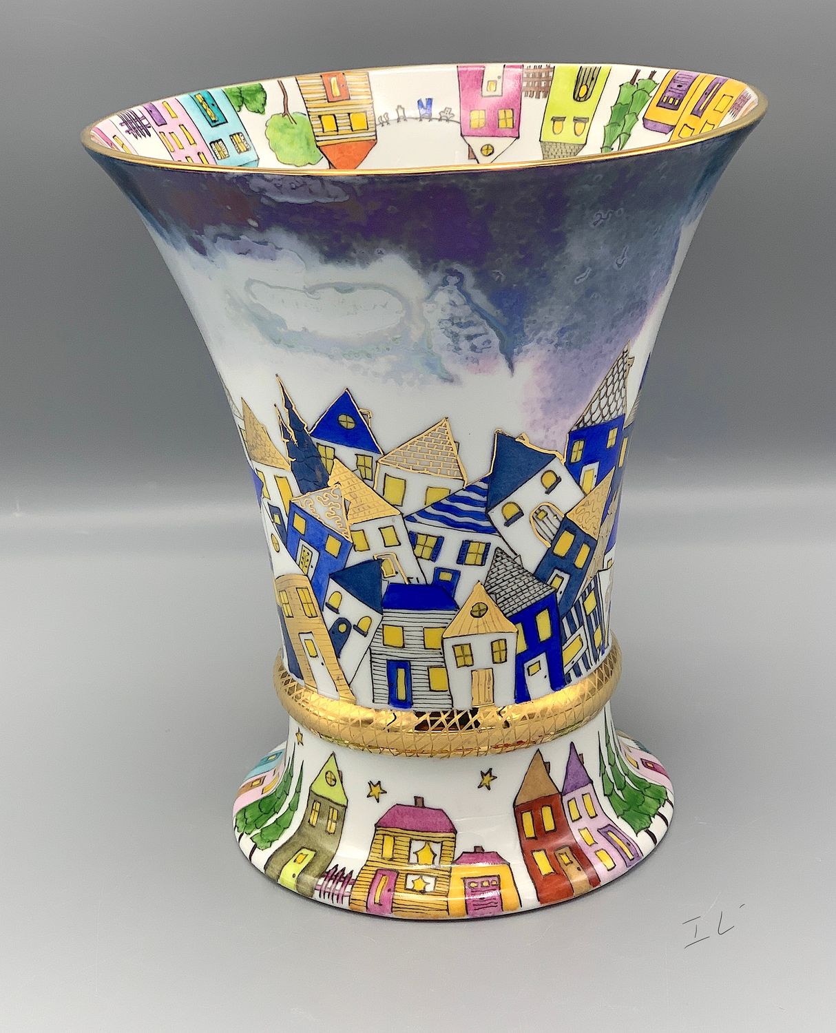 &quot;House of Happiness II&quot; Vase Porcelain &amp; Gold Hand Painted 8x7&quot;
