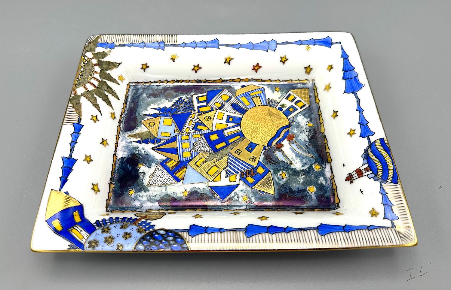 &quot;Home IV&quot; Tray Porcelain &amp; Gold Hand Painted 7x8.5&quot;