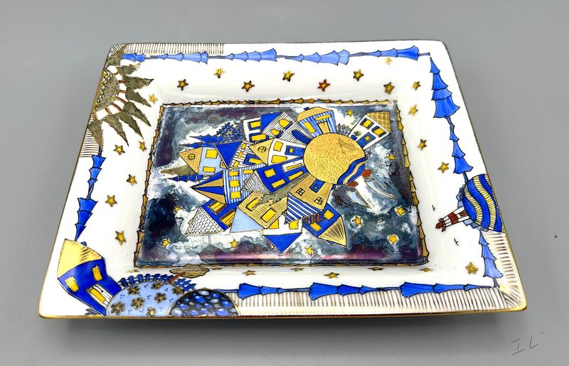 "Home IV" Tray Porcelain & Gold Hand Painted 7x8.5"