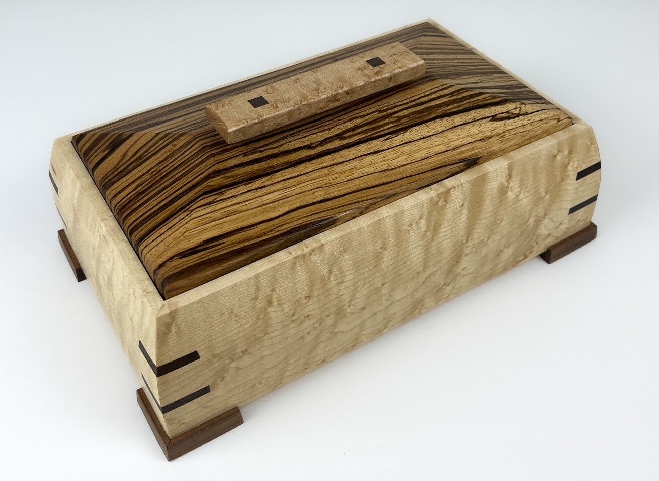 Wooden Keepsake Box, Option: Birdseye Maple, Zebra Wood Lid, Walnut feet &amp; Spines 10.5x6.5x3.5&quot;