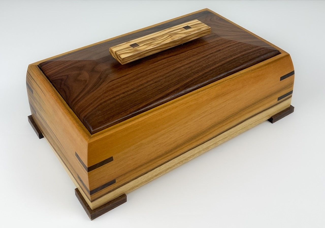 Wooden Keepsake Box, Option: A- Plantation Teak, Bolivian Rosewood Lips, Olivewood Handle, Walnut Feet &amp; Spine 10.5x6.5x3.5
