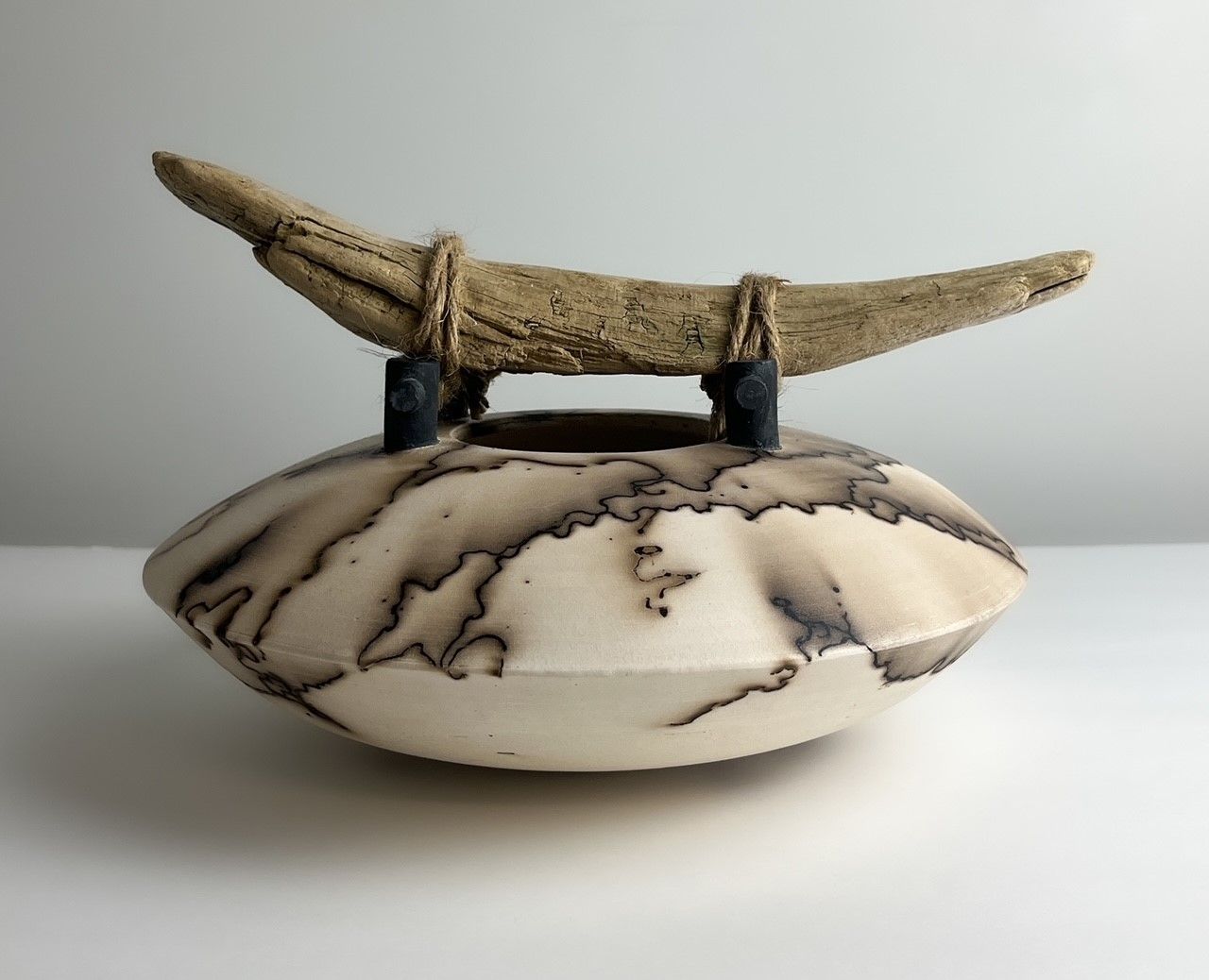 Horse Hair Raku Vase with Driftwood, Option: 11&quot;