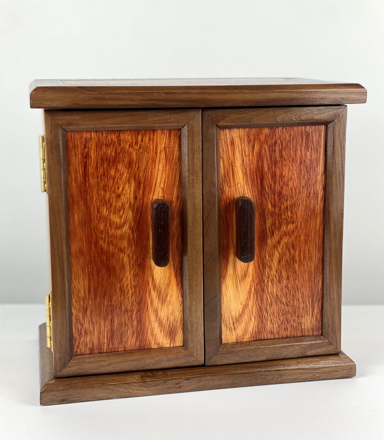 Pedestal Jewelry Box Bloodwood Top and Doors with Walnut, Cherry, Curly Maple and Roasted Curly Maple Drawer