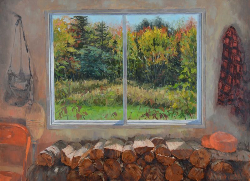 Theresa MacKnight Saint John New Brunswick Canada Handworks Canadian Painting, Oil, &quot;The Woodpile&quot; Landscape though Window