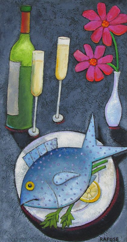 &quot;White Wine and Blue Fish&quot; 24x12&quot; Oil on Canvas