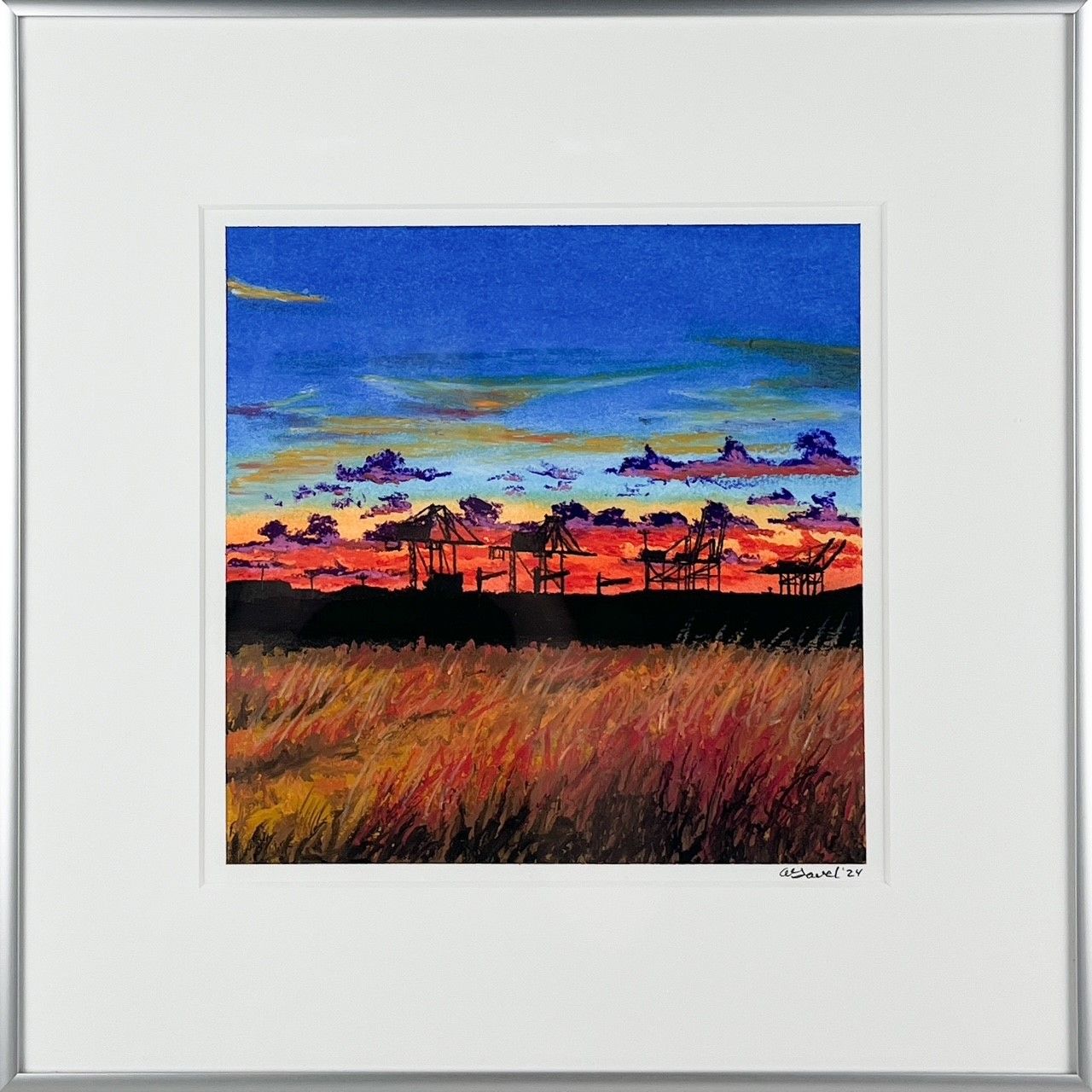 &quot;6 Cranes&quot; 8x8&quot; Oil Pastel Framed 13.5x13.5&quot;