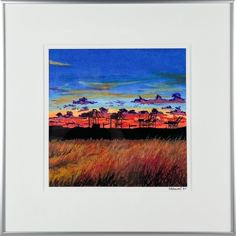 &quot;6 Cranes&quot; 8x8&quot; Oil Pastel Framed 13.5x13.5&quot;