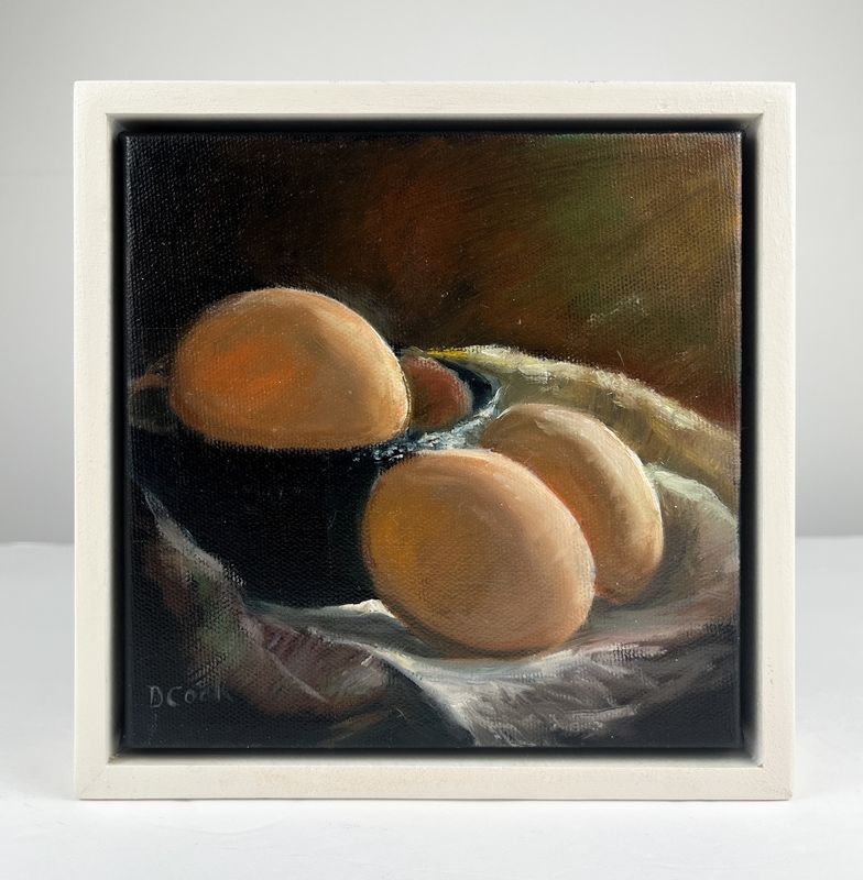 "Eggs & Blue Bowl" Still Life Oil on Canvas 6x6x1.5"