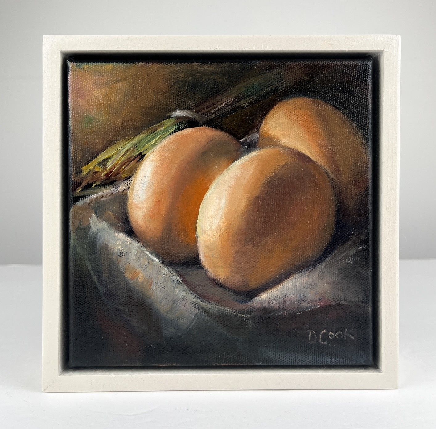 "Eggs in Basket" Still Life Oil on Canvas 6x6x1.5"
