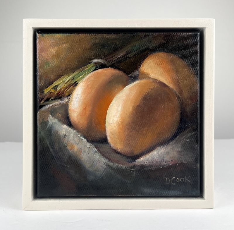 "Eggs in Basket" Still Life Oil on Canvas 6x6x1.5"