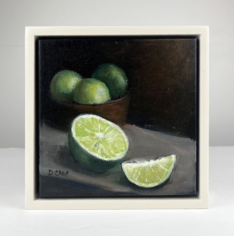 "Limes and Wood Bowl" Still Life Oil on Canvas 6x6x1.5"