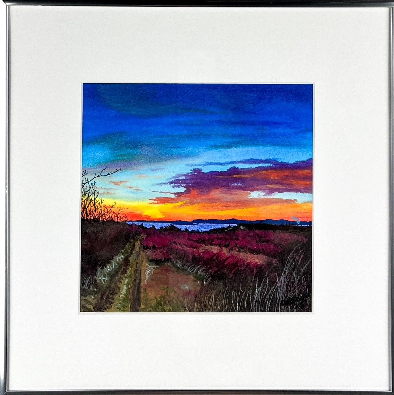 &quot;Red Head Sunset&quot; 8x8&quot; Oil Pastel Framed 13.5x13.5&quot;