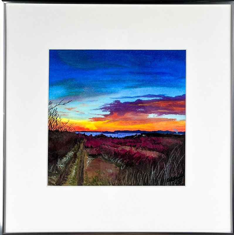 &quot;Red Head Sunset&quot; 8x8&quot; Oil Pastel Framed 13.5x13.5&quot;