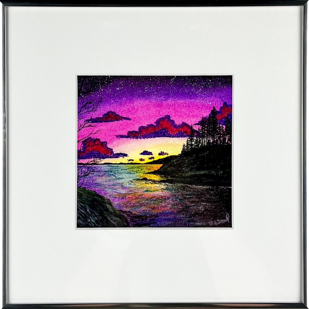 &quot;Maroon Skies 4&quot; 5x5&quot; Oil Pastel on Paper Framed 10x10&quot;