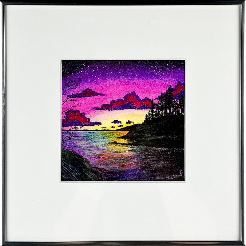 &quot;Maroon Skies 4&quot; 5x5&quot; Oil Pastel on Paper Framed 10x10&quot;
