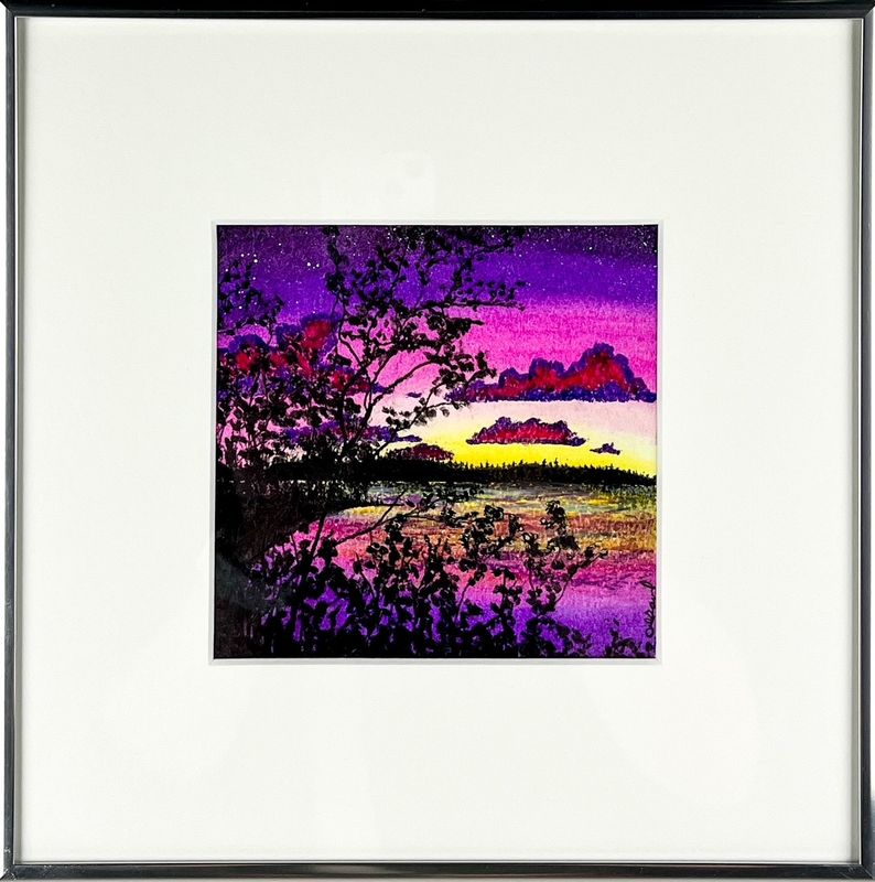 &quot;Maroon Skies 2&quot; 5x5&quot; Oil Pastel on Paper Framed 10x10&quot;