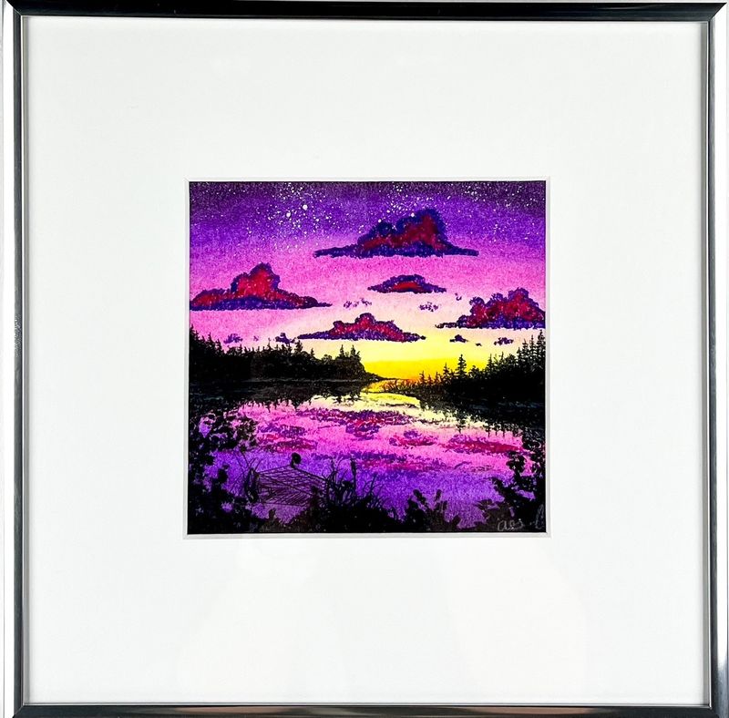 &quot;Maroon Skies 1&quot; 5x5&quot; Oil Pastel on Paper Framed 10x10&quot;