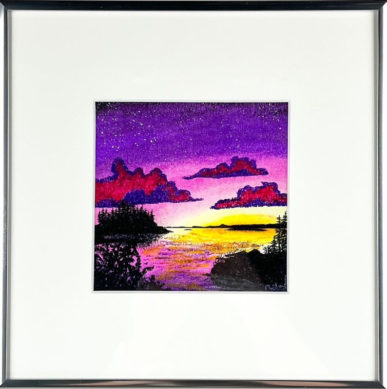 &quot;Maroon Skies 3&quot; 5x5&quot; Oil Pastel on Paper Framed 10x10&quot;
