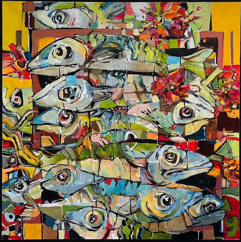 Ted Michener Saint John New Brunswick Canada Handworks Canadian Painting, Oil, &quot;Fish Composition&quot; Framed